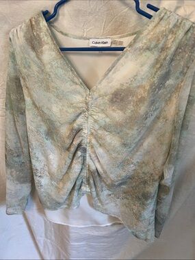 Calvin Klein Mint and Beige Ruched V-Neck Long Sleeve Top